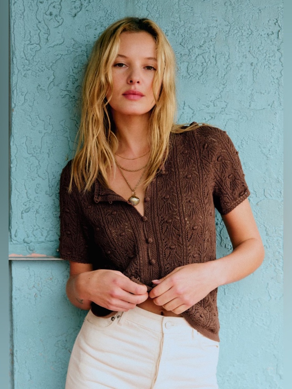 Sezane Milane Textured Button Front Knit Top Brown Size M